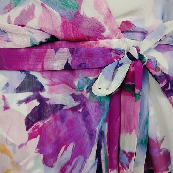 DKNY  Floral Print Balloon Sleeve Tie Waist V Neck Dress Size 12 White & Purple - Picture 11 of 14